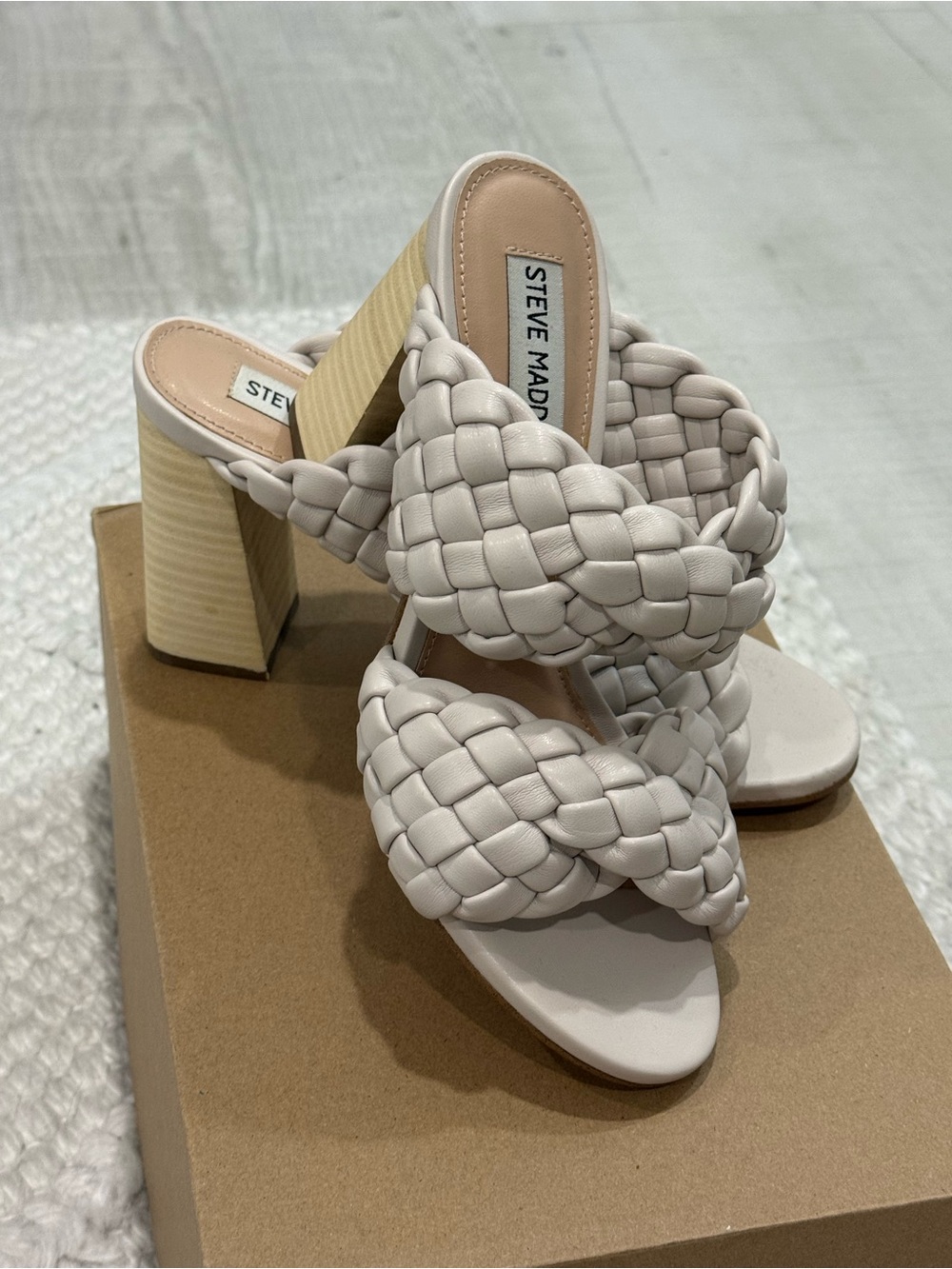 Steve Madden Braided Double Strap Block Heel Mules - Cream